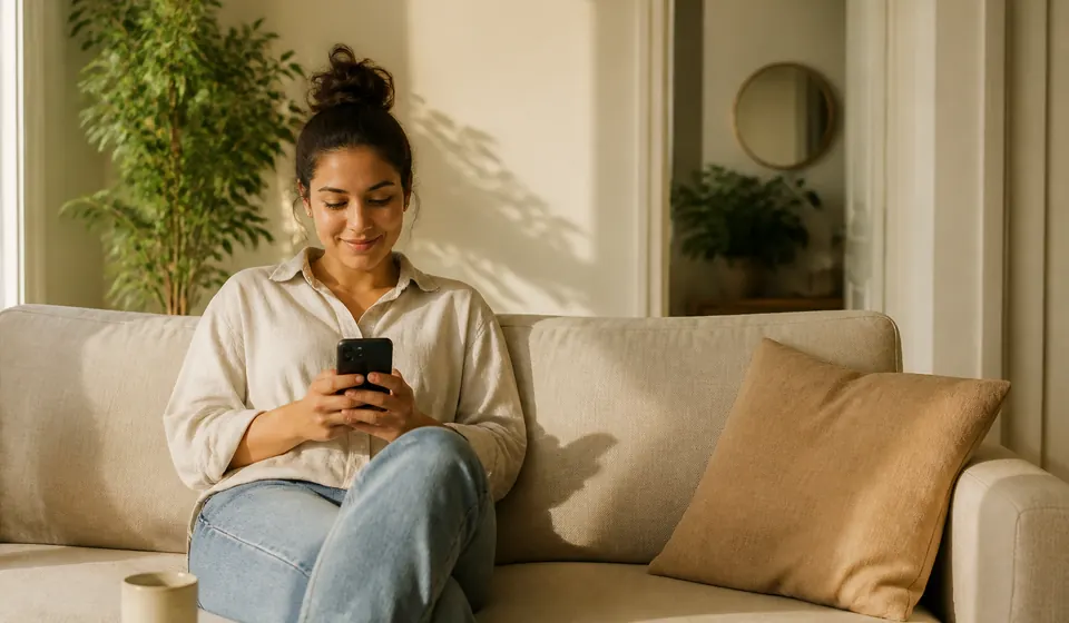 A person waiting on a sofa with a phone for a friend to join the match